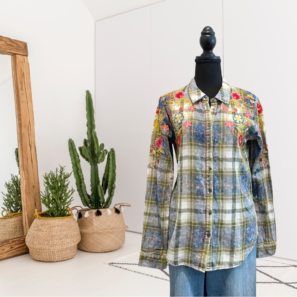 Sundance Long Sleeve Plaid Floral Embroidered Button Down Top